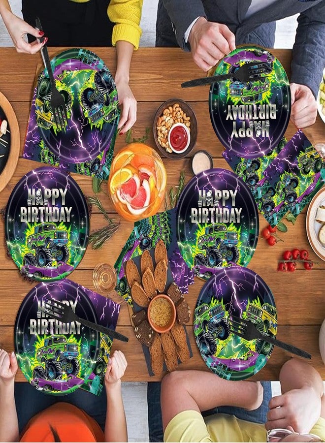 GREAWOD 96PCS Monster Truck Birthday Party Supplies, Monster Theme Jam Party Decorations Tableware, Plate, Napkin, Fork, Monster Truck Birthday Plate And Napkin Decorations Dinnerware - Image 5
