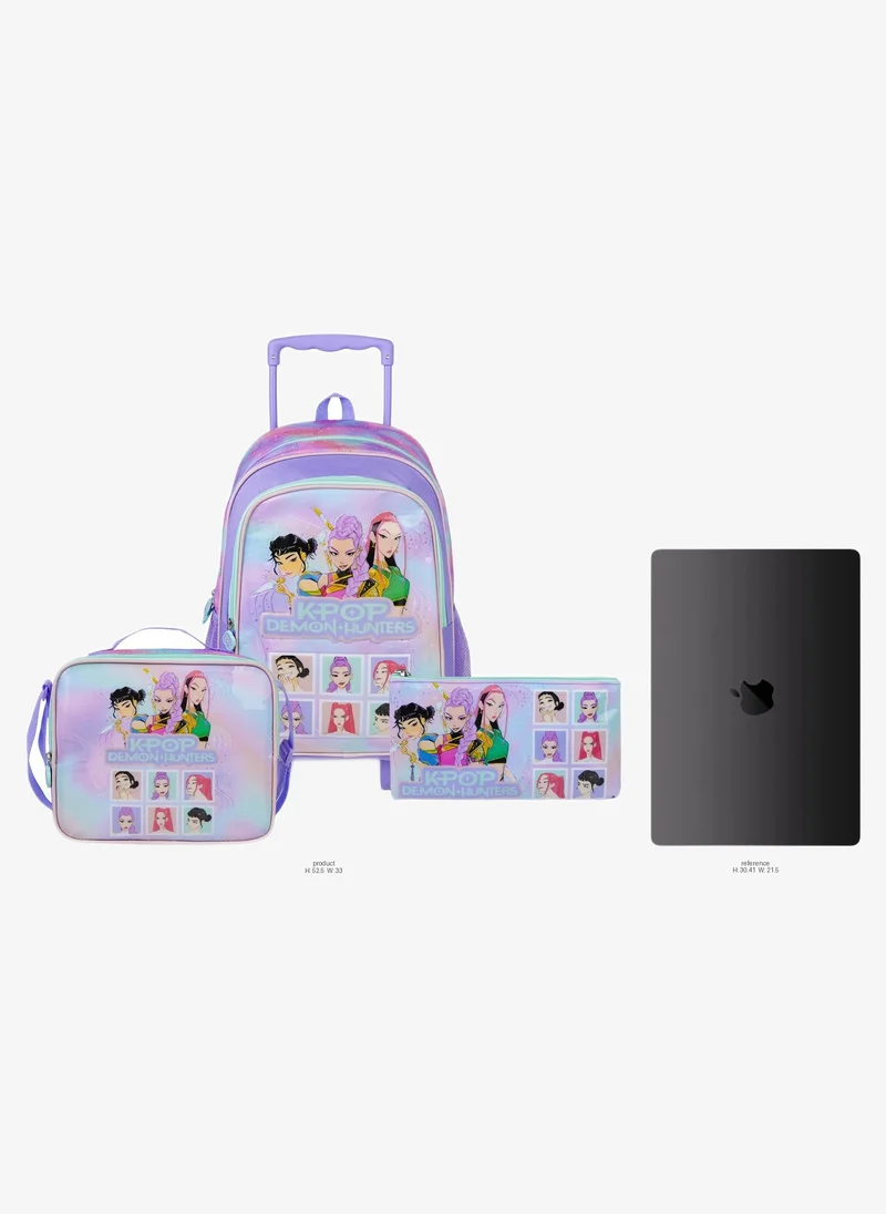 ترو كير KPOP Demon Hunters 3-in-1 Trolley Set 18" – Rolling School Backpack with Lunch Bag & Pencil Case, Wheeled School Bag Set for Kids & Teens, K-Pop Inspired Design