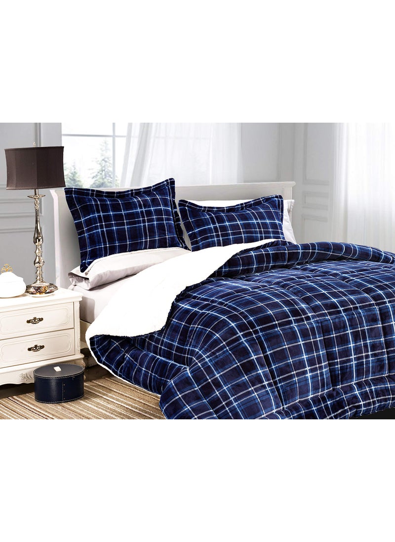 Elegant Comfort Elegant Comfort Softest Coziest Heavy Weight Plaid Pattern Micromink SherpaBacking Premium Quality Down Down Alternative MicroSuede 3Piece Reversible Comforter Set FullQueen Navy Blue 