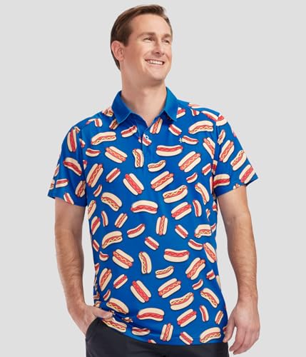 Tipsy Elves Golf Shirts for Men - Performance Athletic Fit Men's Golf Polo Shirts for Men w/Moisture Wicking Stretch Fabric - Men's Blue Hot Dog Golf Polo Size Large - Image 2