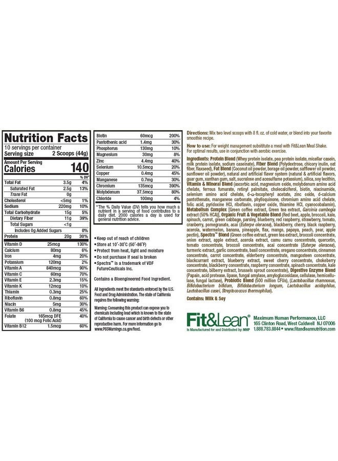 Fit & Lean Meal Replacement Shake With Protein Fiber Probiotics And Organic Fruits & Vegetables Vanilla 1Lb 10 Servings Per Container - Image 3