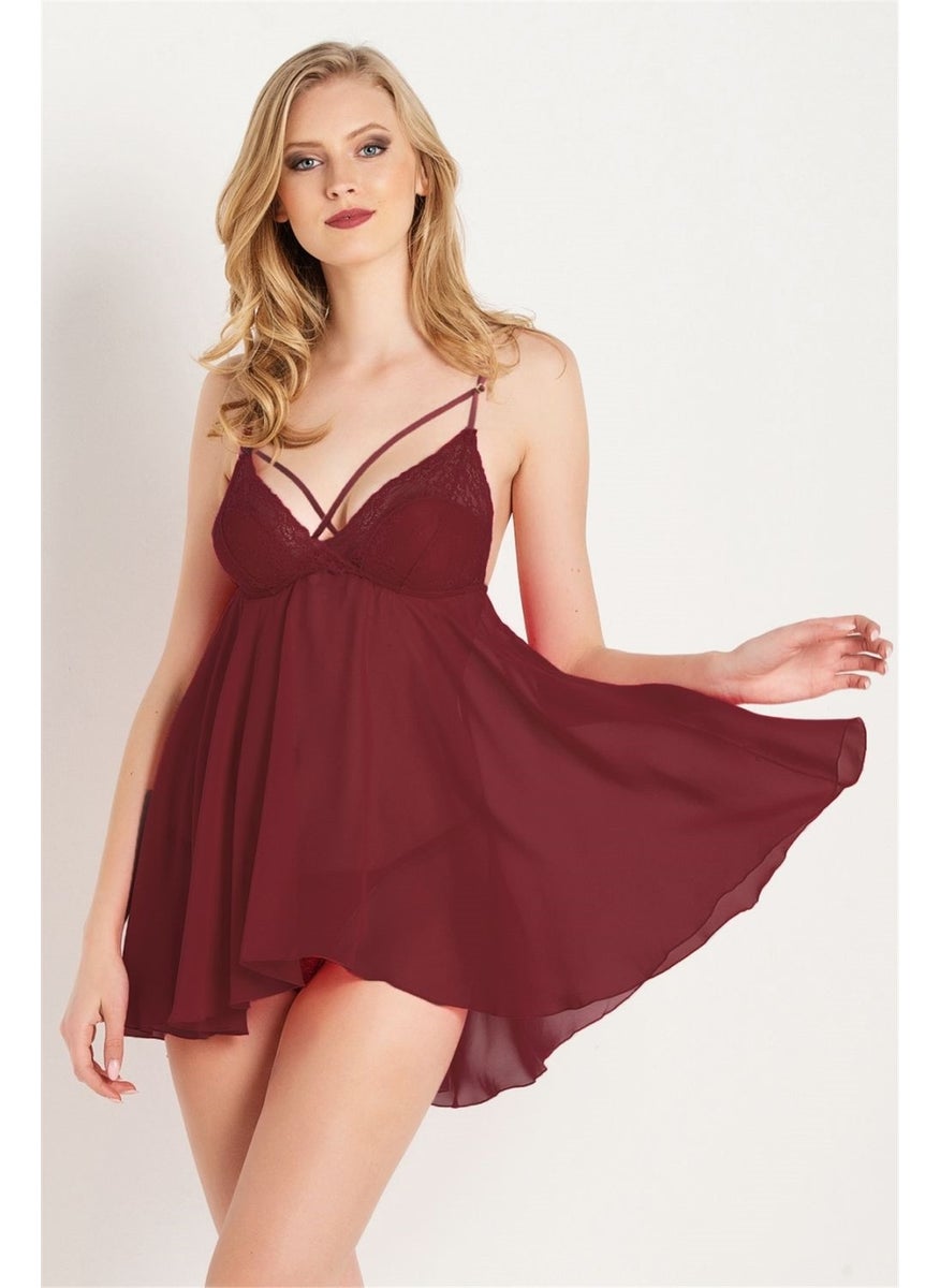 Magic Form 823 Women's Claret Red Back Long Front Short Lace Sponge Bra Nightgown  - Image 1