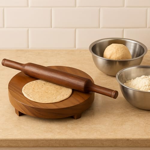 DBY Wooden Chakla Belan Set for Kitchen – Natural Wood Rolling Board and Pin for Chapati, Roti, Puri, Dough Rolling Board, Non-Slip Base, Handmade Smooth Finish, Indian Traditional Cookware - Image 3