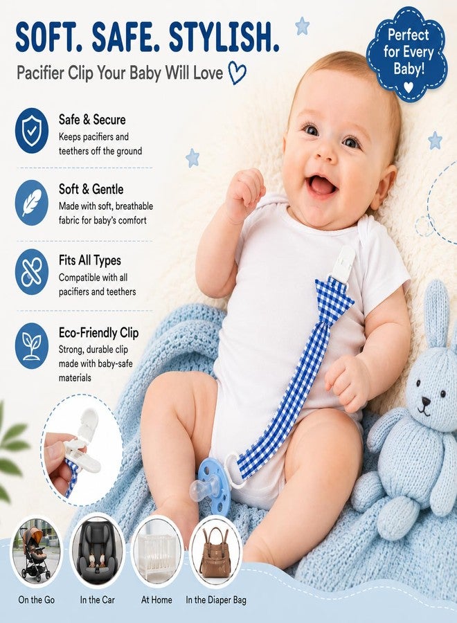 Babies Bloom Blue Check Necktie Baby Pacifier Clip | Baby Pacifier Clips - Image 3