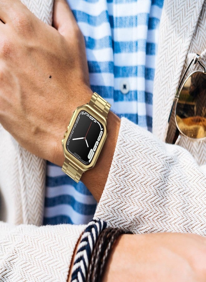 MRYUESG 2 Pack Designed for Apple Watch Band, Wrist-Band for i-Watch Series 9 8 7 6 5 4 3 2 1 SE, Stainless Steel Metal Chain with TPU Cover Case, Smart-Watch Link Bracelet Strap, 45mm 44mm 42mm, Silver+Gold - Image 3