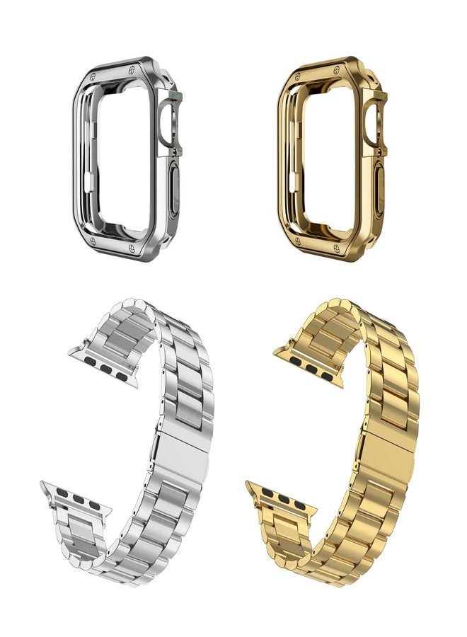 MRYUESG 2 Pack Designed for Apple Watch Band, Wrist-Band for i-Watch Series 9 8 7 6 5 4 3 2 1 SE, Stainless Steel Metal Chain with TPU Cover Case, Smart-Watch Link Bracelet Strap, 45mm 44mm 42mm, Silver+Gold - Image 2