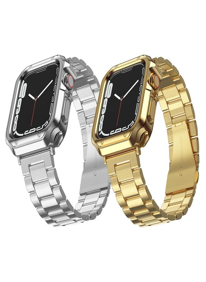 MRYUESG 2 Pack Designed for Apple Watch Band, Wrist-Band for i-Watch Series 9 8 7 6 5 4 3 2 1 SE, Stainless Steel Metal Chain with TPU Cover Case, Smart-Watch Link Bracelet Strap, 45mm 44mm 42mm, Silver+Gold - Image 1