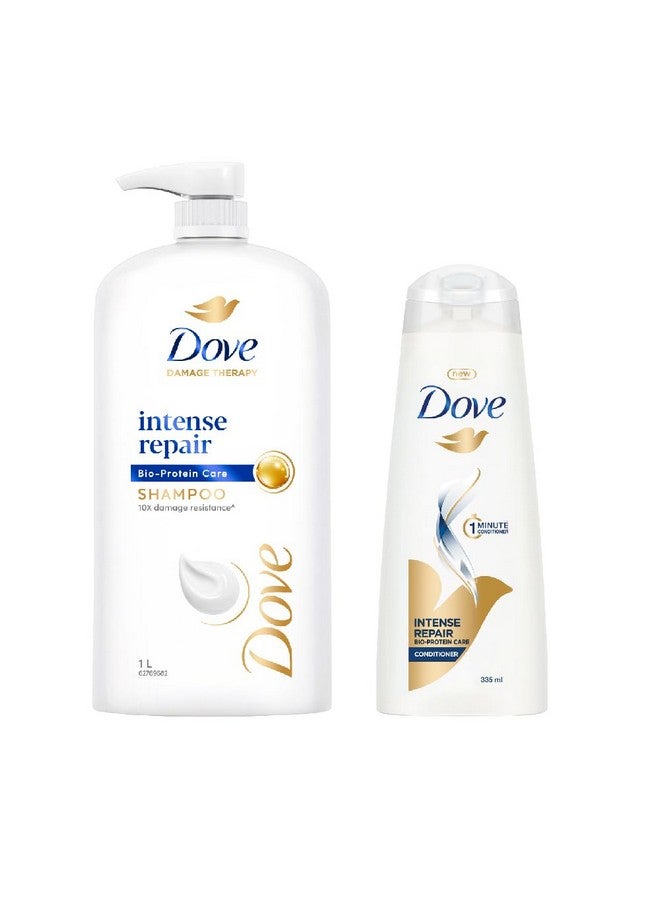 دوف شامبو دوف لإصلاح الشعر المكثف سعة 1 لتر وبلسم دوف لإصلاح الشعر المكثف سعة 335 مل (عبوة مشتركة) | غني بمكونات الكيراتين لتنعيم الشعر الجاف والمجعد - يعالج الشعر التالف بعمق للرجال والنساء - Image 1