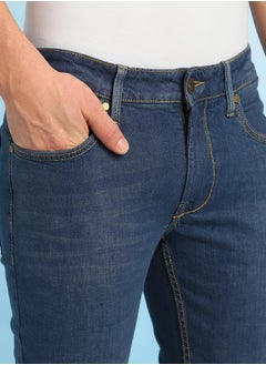 Dennis Lingo Indigo Cotton Blend Plain/Basic Pattern Slim Fit Fit Jeans for Men Full Length Bottom Body Wear Jeans Button Closure Woven Weave Mid Rise Waist - Perfect for Lifestyle Occasions  - Image 2