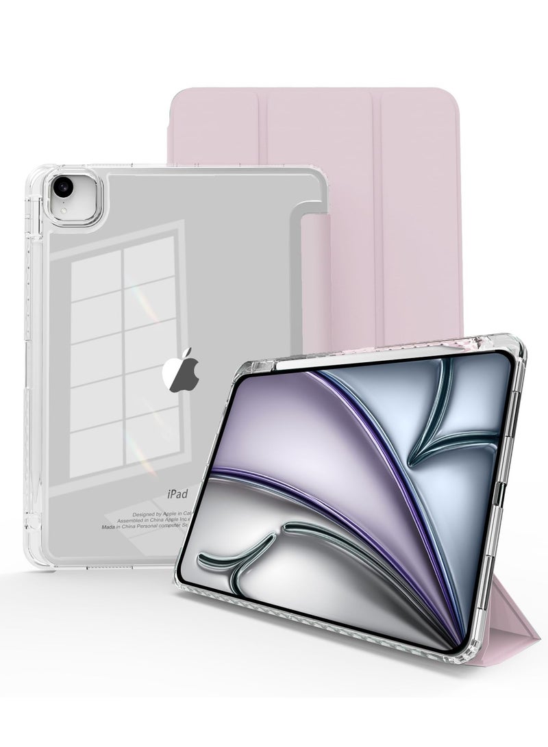 for iPad Air 13 inch (2024) / ipad Pro 12.9 inch (22/21/20/18)Case Cover ,Transparent Airbag With Pen Slot For Anti Drop, Tablet Protective Cover, Triple Fold Multi Angle Design, Automatic Wake-up/sleep, Soft Leather，Pink  - Image 1