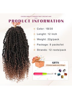 Admutty Passion Twist Crochet Hair, Pretwisted Passion Crochet Hair 12 Inch, Passion Twist Crochet Hair 8 Packs Prelooped Passion Twist Hair, Short Pre Looped Crochet Hair for Black Women(1B/30)  - Image 2