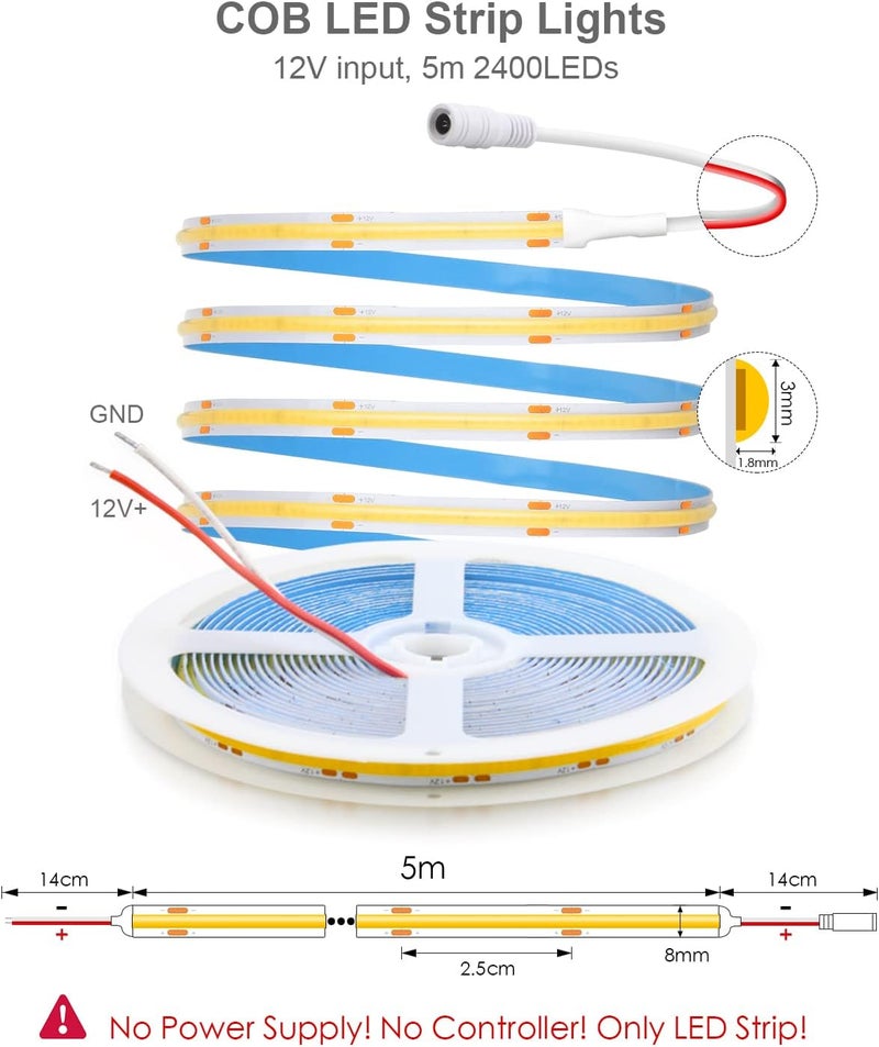 ALITOVE شريط إضاءة LED COB دافئ أبيض 12 فولت من ALITOVE - 5 متر، 2400 LED، كثافة عالية، مرن، غير مقاوم للماء - Image 4