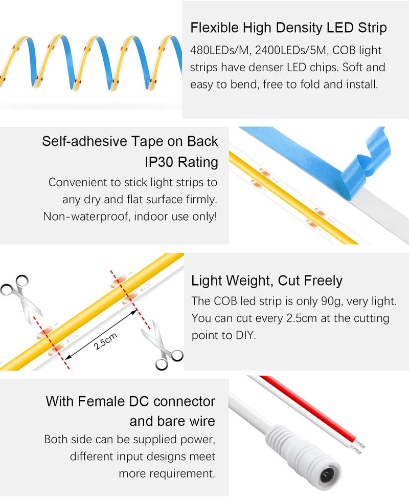 ALITOVE شريط إضاءة LED COB دافئ أبيض 12 فولت من ALITOVE - 5 متر، 2400 LED، كثافة عالية، مرن، غير مقاوم للماء - Image 5