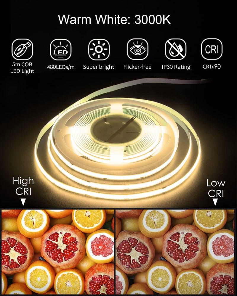 ALITOVE شريط إضاءة LED COB دافئ أبيض 12 فولت من ALITOVE - 5 متر، 2400 LED، كثافة عالية، مرن، غير مقاوم للماء - Image 2