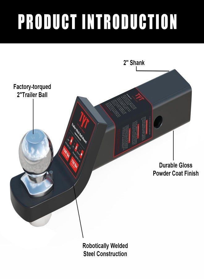 TYT حامل كرة وصلة مقطورة TYT مع كرة ودبوس مقاس 2 بوصة، يناسب مستقبل مقاس 2 بوصة، يتحمل وزن 7500 رطل، انخفاض 2 بوصة، طقم وصلة مطور باللون الأسود مع دبوس مضاد للاهتزاز - Image 5