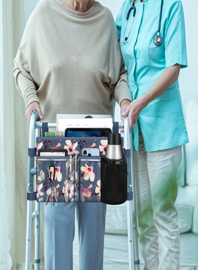 فينباك حقيبة حمل كبيرة للمشاية من فينباك مع حامل أكواب، ملحق قابل للطي للمشاية، سلة تخزين بدون استخدام اليدين، حقيبة ملحقات مساعدة على الحركة لكبار السن، زهرة الكركديه المتفتحة - Image 3