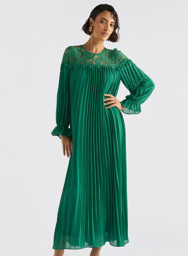 Splash FAV Pleated Lace Detail Maxi Dress with Long Sleeves - Image 1