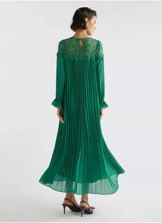 FAV Pleated Lace Detail Maxi Dress with Long Sleeves