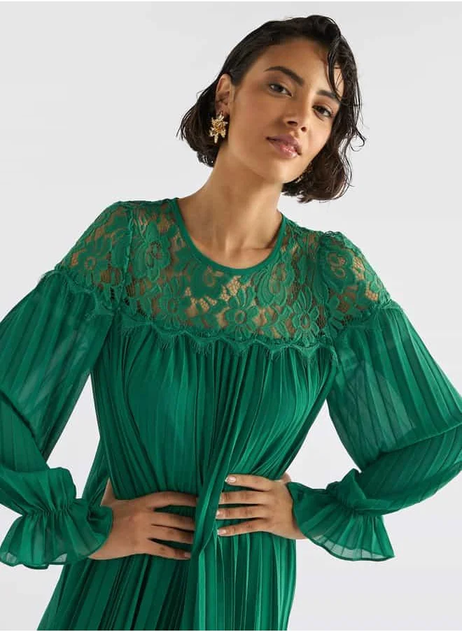FAV Pleated Lace Detail Maxi Dress with Long Sleeves