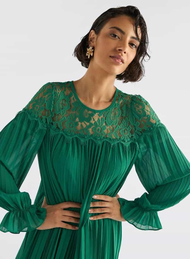 Splash FAV Pleated Lace Detail Maxi Dress with Long Sleeves - Image 4