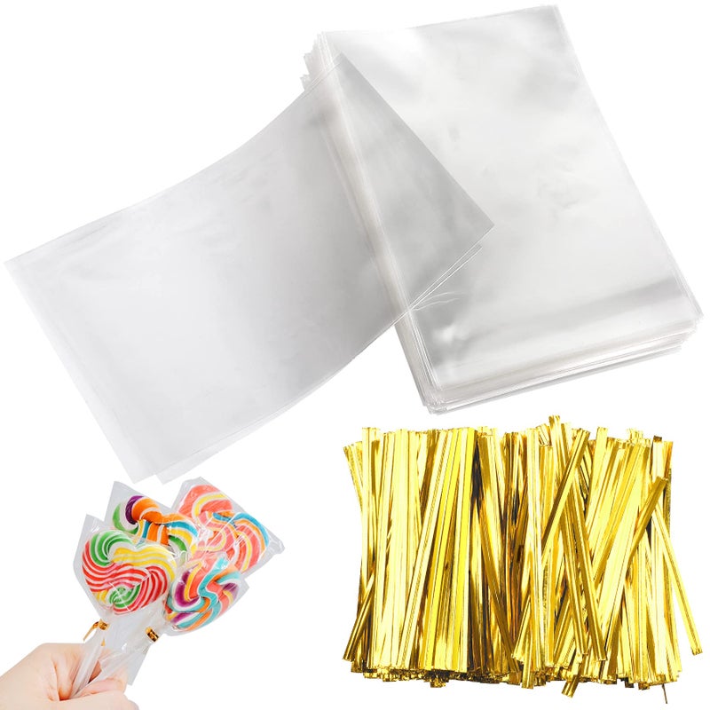 Augshy Cake Pop Bags300 Pcs 4x6 Treat Cello Bags for lollipop with 300 Twist Ties 14 mils Thickness OPP Plastic Bag for Lollipop Candy Chocolate Cookie Wrapping - Image 3