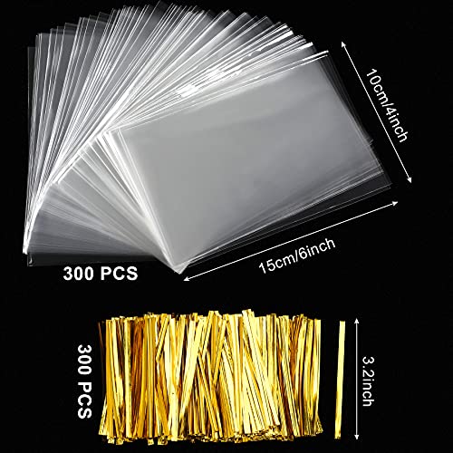 Augshy Cake Pop Bags300 Pcs 4x6 Treat Cello Bags for lollipop with 300 Twist Ties 14 mils Thickness OPP Plastic Bag for Lollipop Candy Chocolate Cookie Wrapping - Image 5