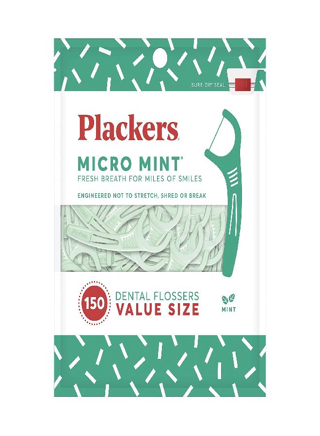 Plackers Micro Mint Dental Flossers, Fresh Mint Flavor, Fold-Out Toothpick, Super Tuffloss, Easy Storage with Sure-Zip Seal, 150 Count