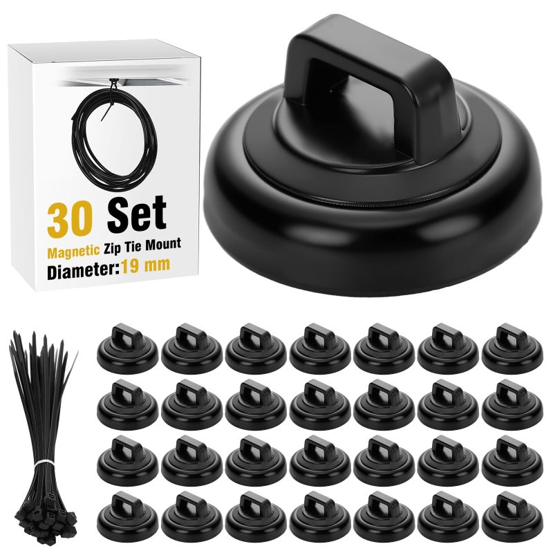Leinuosen 30 Set Magnetic Zip Tie Mount and Nylon Cable Ties 19 mm Multipurpose Wire Cable Holder Mount Wire Clips Management Electrical Organization Supplies Black - Image 2