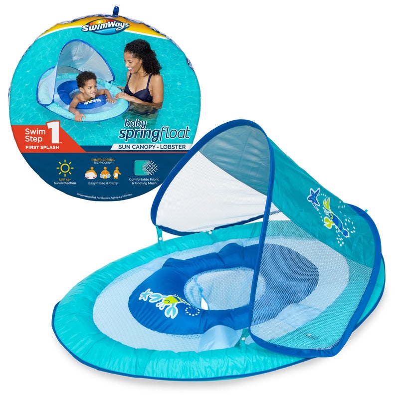 SwimWays Baby Spring Float with Adjustable Canopy and UPF Sun Protection, Blue Lobster - Image 1
