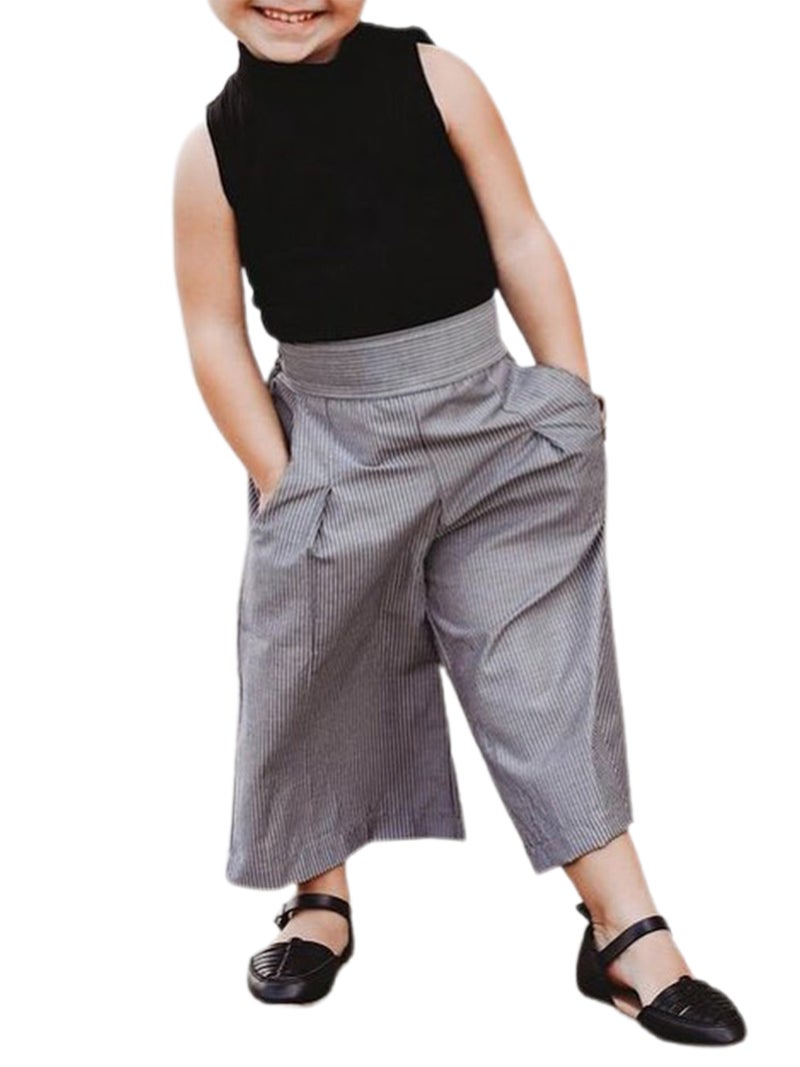 Toddler Girls 2 Piece Outfits Knit Turtleneck Tank Tops and Striped Wide Leg Pants Set Baby Summer Clothes - Image 1