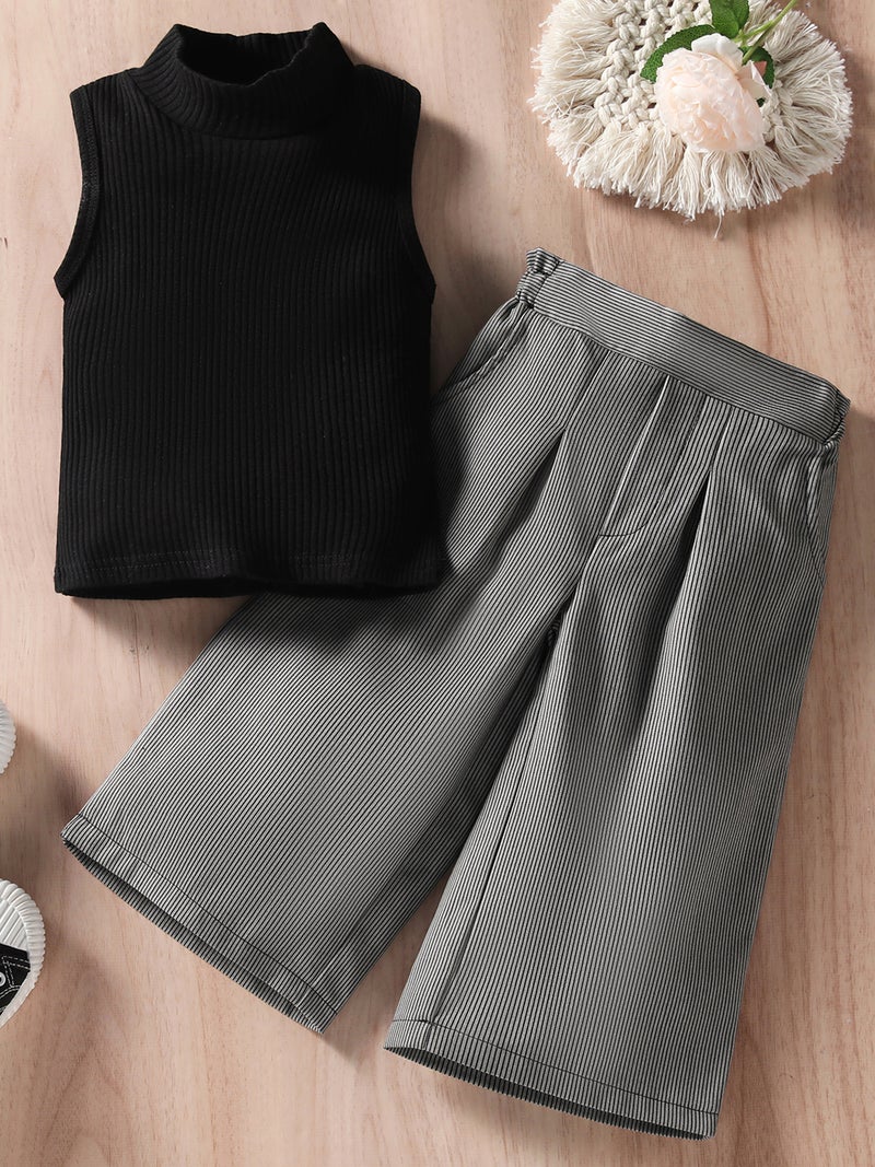 Toddler Girls 2 Piece Outfits Knit Turtleneck Tank Tops and Striped Wide Leg Pants Set Baby Summer Clothes - Image 3