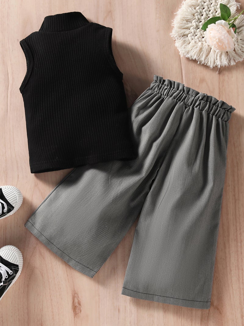 Toddler Girls 2 Piece Outfits Knit Turtleneck Tank Tops and Striped Wide Leg Pants Set Baby Summer Clothes - Image 4