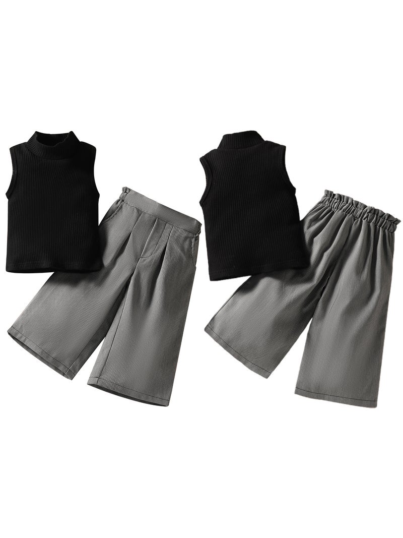 Toddler Girls 2 Piece Outfits Knit Turtleneck Tank Tops and Striped Wide Leg Pants Set Baby Summer Clothes - Image 2