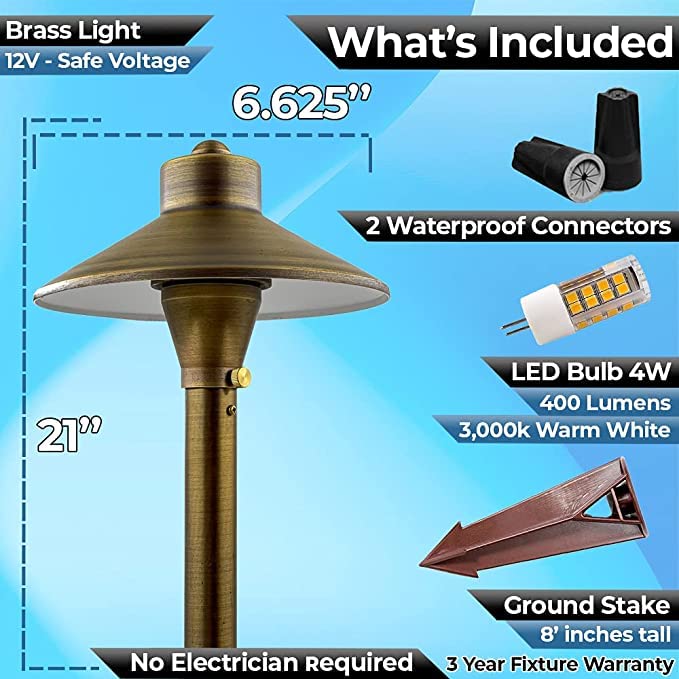 MIK Solutions LED Low Voltage Pathway Lights 121- Solid Brass Outdoor Landscape Lights for Garden Pathway & Driveway Outdoor Lighting, 12V Landscape Lighting with Ground Stake & G4 LED Bulb (4 Pack Wide Top 8-1/2") - Image 4