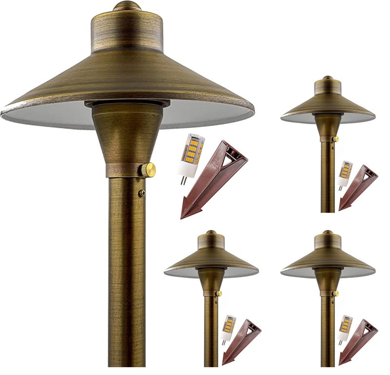 MIK Solutions LED Low Voltage Pathway Lights 121- Solid Brass Outdoor Landscape Lights for Garden Pathway & Driveway Outdoor Lighting, 12V Landscape Lighting with Ground Stake & G4 LED Bulb (4 Pack Wide Top 8-1/2") - Image 1