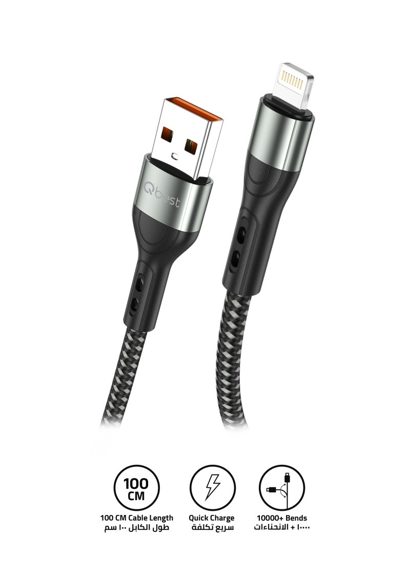 Qbest - 3A Nylon USB to Lightning Data Cable 1M – High-Speed Data Transfer, Quick Charge, Durable Design - Black - Image 1