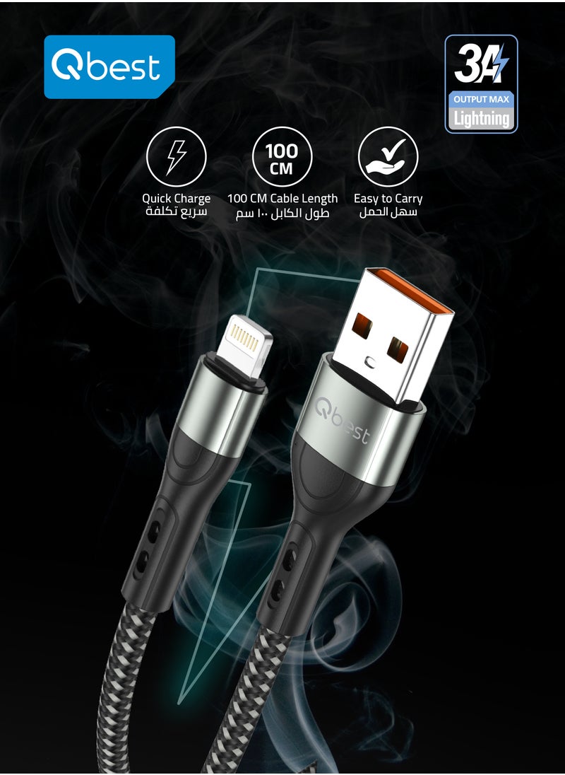 Qbest - 3A Nylon USB to Lightning Data Cable 1M – High-Speed Data Transfer, Quick Charge, Durable Design - Black - Image 1