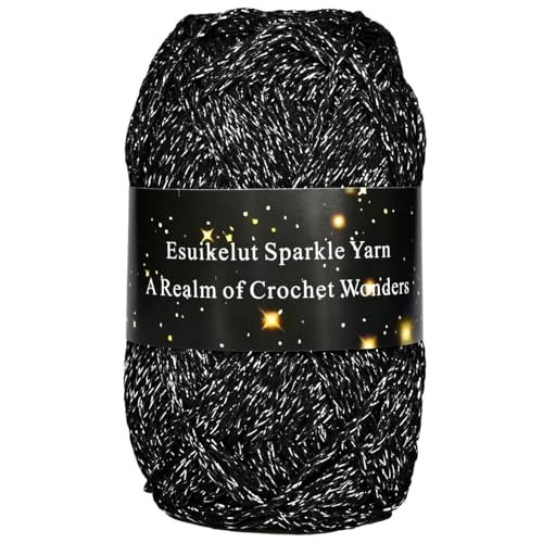 Esuikelut Black Sparkly Knitting Yarn 15mm Round Hollow Yarn with Silver Sparkling Silver Metallic Crochet Thread - Image 1