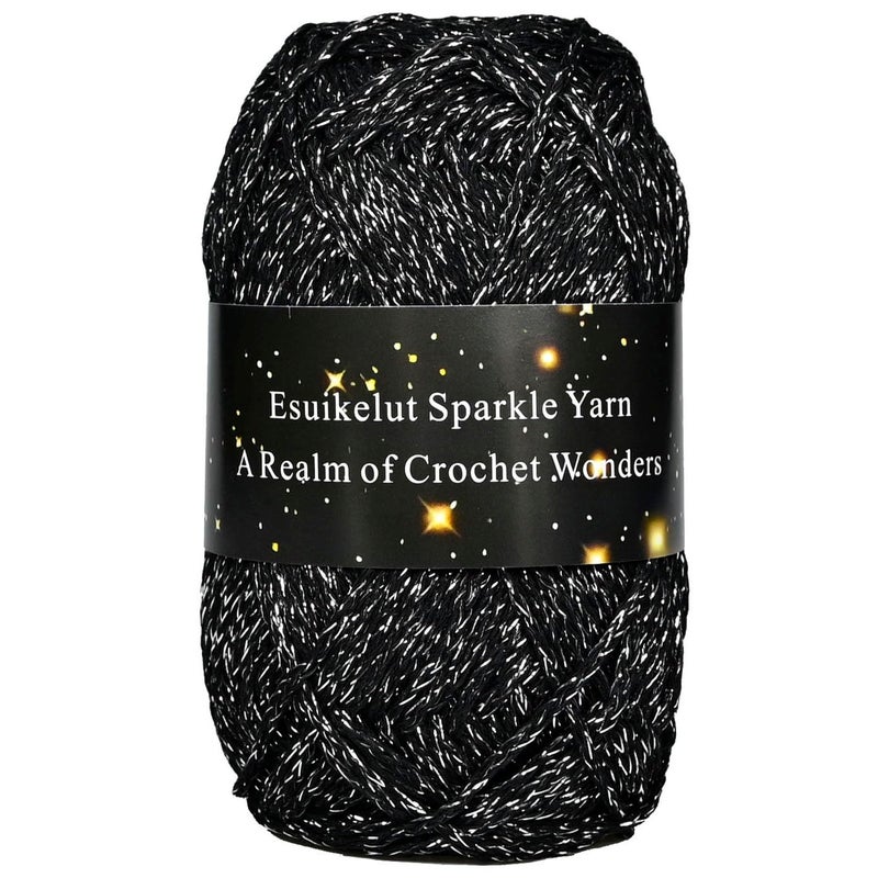 Esuikelut Black Sparkly Knitting Yarn 15mm Round Hollow Yarn with Silver Sparkling Silver Metallic Crochet Thread - Image 3