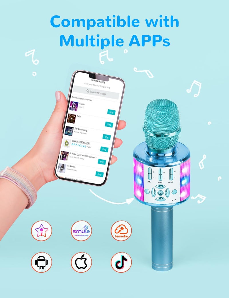 Amazmic Kids Karaoke Microphone Machine Toys for Girls Bluetooth Microphone with LED Light, Birthday Gift for Girls Boys 3 4 5 6 7 8 9 10 11 12 Year Old Kids Toys(Blue) - Image 3
