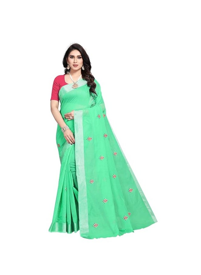 Accessorize Kingdom - Women's Embroidered Cotton Linen Silver Zari Patta Saree With Unstitched Blouse Piece - Image 1