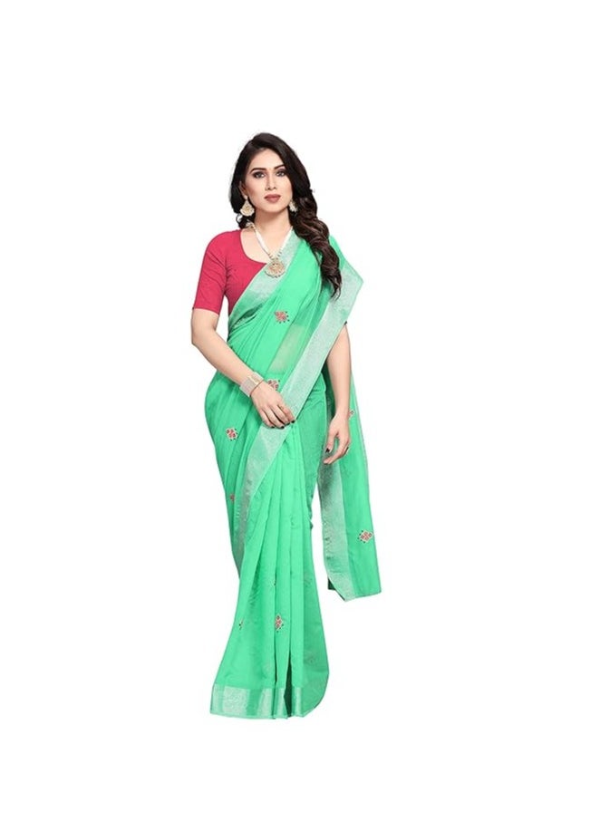 Accessorize Kingdom - Women's Embroidered Cotton Linen Silver Zari Patta Saree With Unstitched Blouse Piece - Image 1