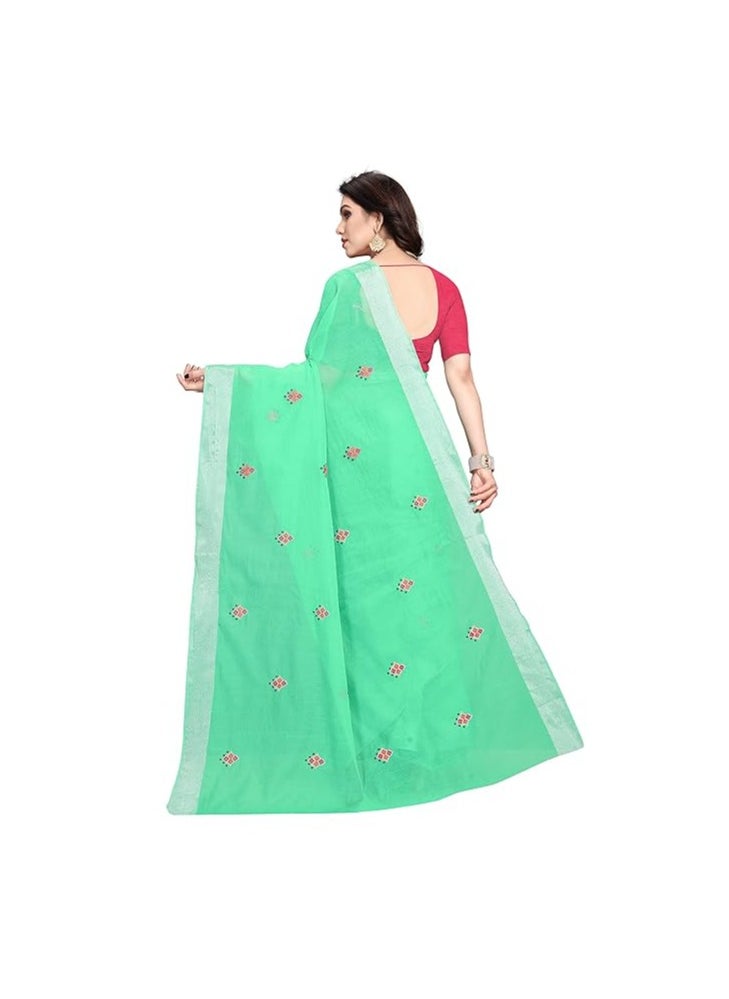 Accessorize Kingdom - Women's Embroidered Cotton Linen Silver Zari Patta Saree With Unstitched Blouse Piece - Image 1