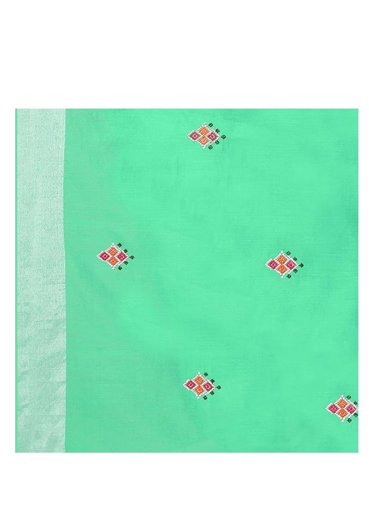 Accessorize Kingdom - Women's Embroidered Cotton Linen Silver Zari Patta Saree With Unstitched Blouse Piece - Image 1