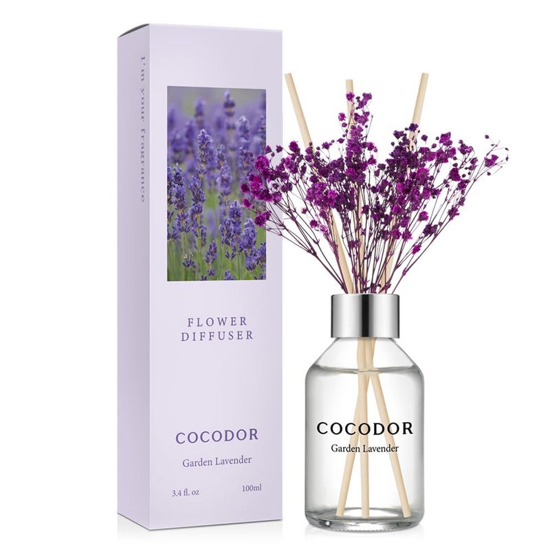 COCODOR Flower Reed Diffuser Set / 3.4oz / Garden Lavender/Scent Diffuser with Sticks Home Fragrance Reed Diffuser for Bathroom Shelf Decor - Image 1