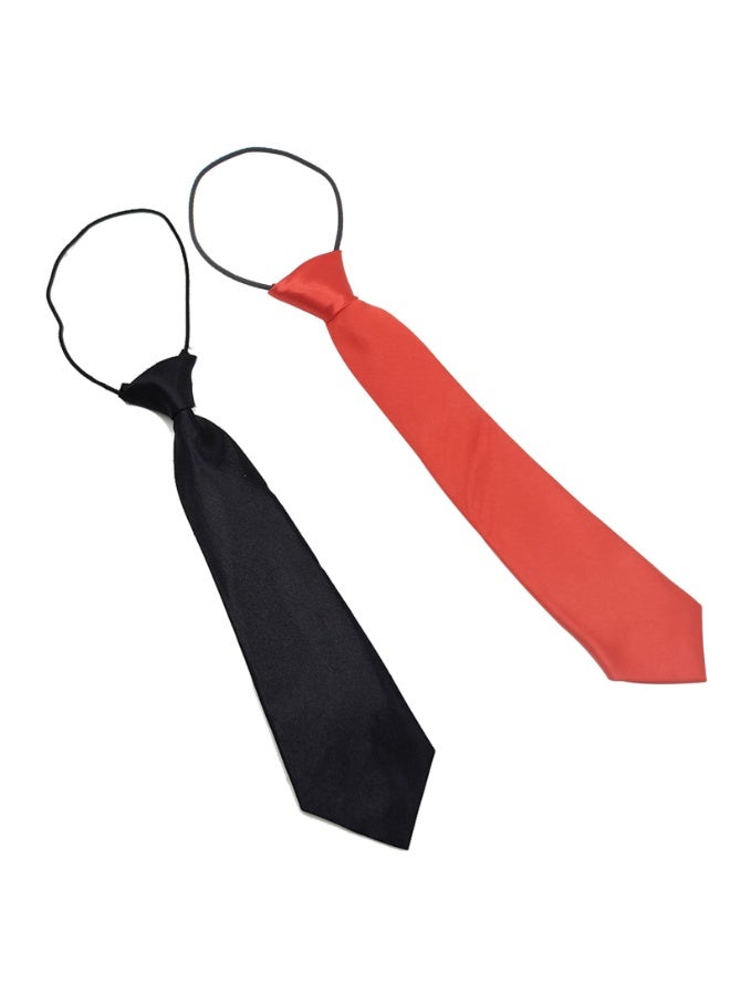 Kids Pre-Tied Necktie Set, Black and Red, Adjustable Elastic, 28 cm Length, 2-Pack - Image 1