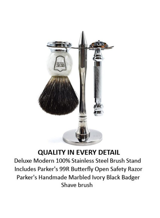 Parker Safety Razor Parker 99R Shave Set - Includes Parker 99R Double Edge Butterfly Safety Razor, Black Badger Brush, Stainless Steel Shave Stand & 5 Blades - Image 5