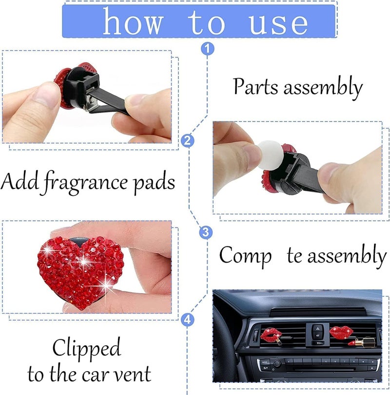 Txuolin 5 Pcs Bling Red Lips Air Vent Clips, Heart Shape Crystal Car Air Vent Clip Charms Car Fresheners for Women Rhinestone Diffuser Vent Clip Cute Decor Bling Interior Accessories - Image 4