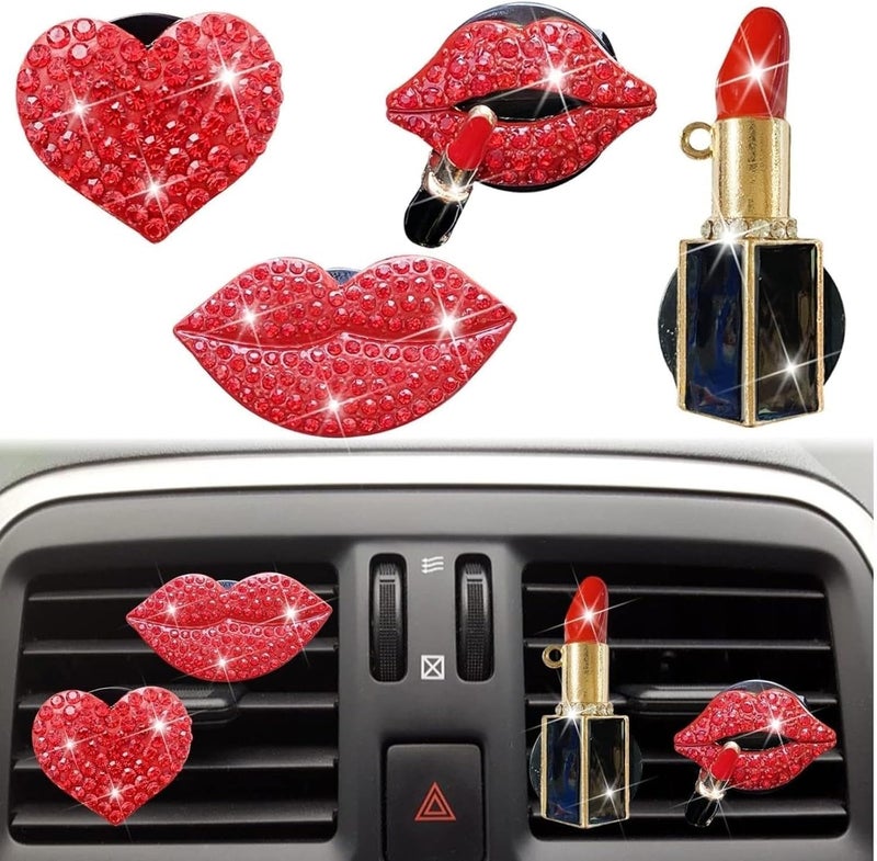 Txuolin 5 Pcs Bling Red Lips Air Vent Clips, Heart Shape Crystal Car Air Vent Clip Charms Car Fresheners for Women Rhinestone Diffuser Vent Clip Cute Decor Bling Interior Accessories - Image 1