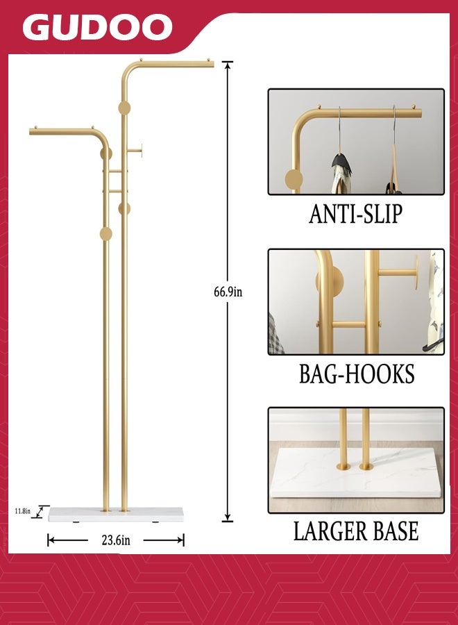 GUDOO Double-pole Coat Racks Freestanding Metal Gold Clothing Rack with 5 Hooks and Marble Base Modern Coat Hanger Stand for Entryway Living Room Bedroom  - Image 4